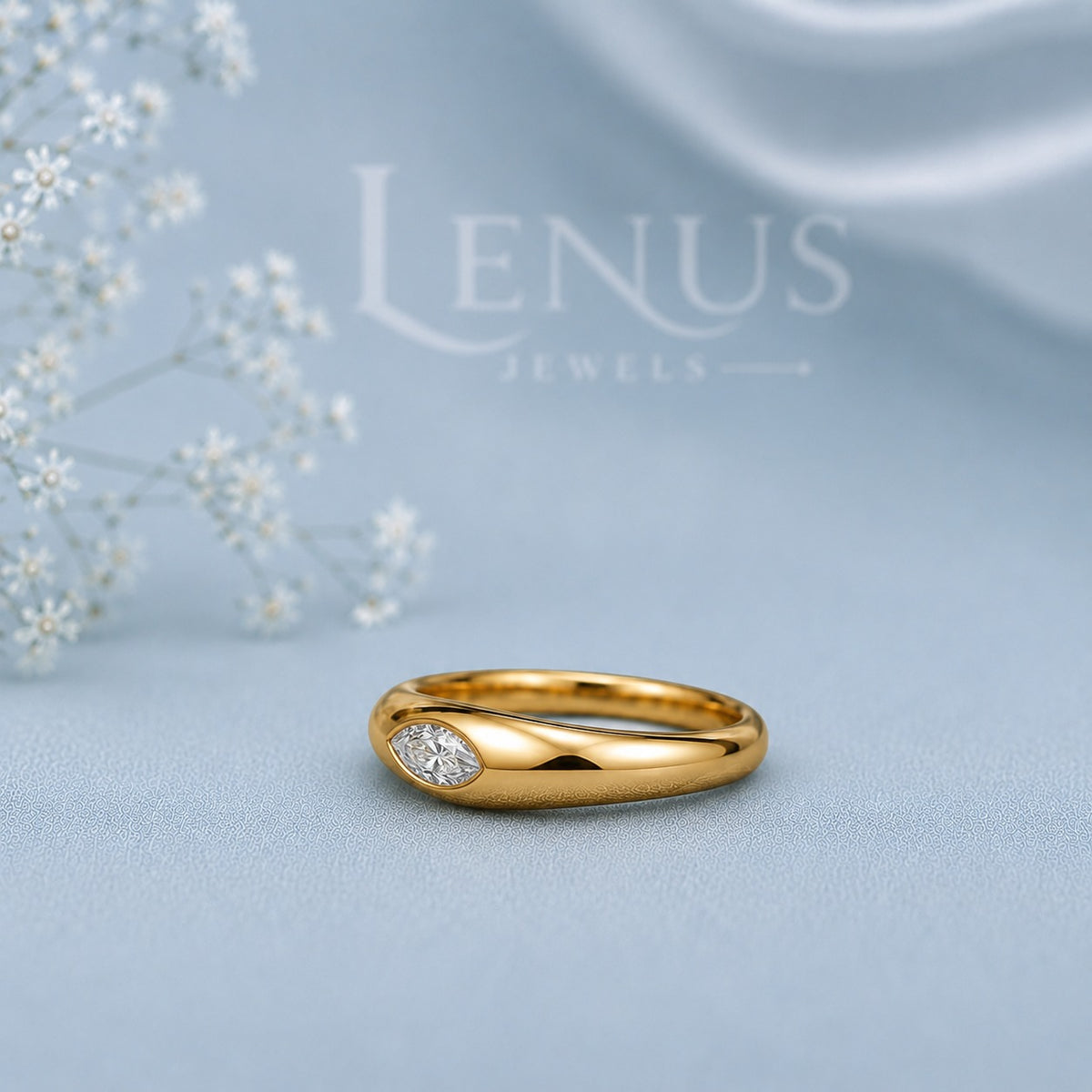Marquise Moissanite Dome Ring – Gold Gypsy Set Flush Band