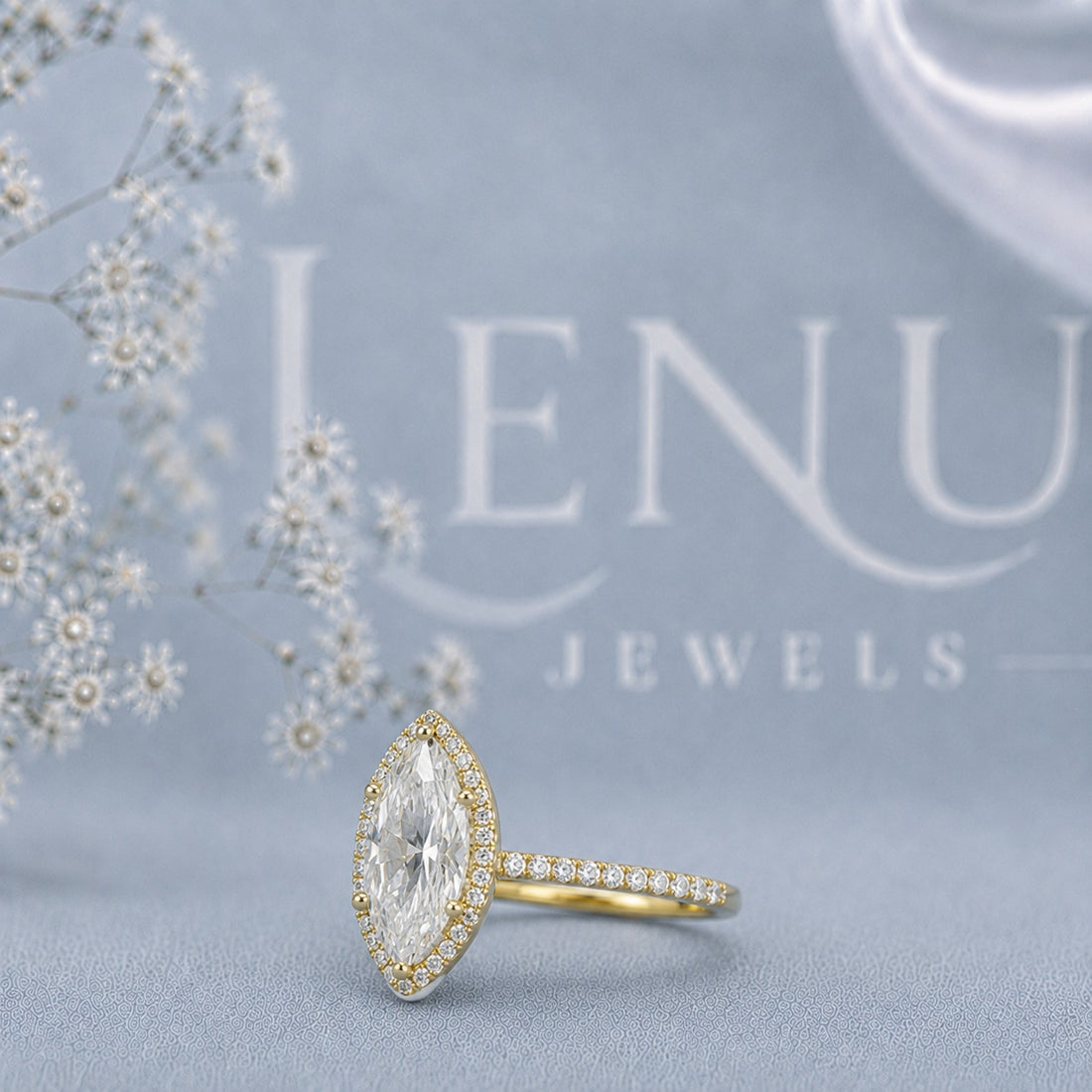 Marquise Cut Moissanite Halo Engagement Ring – Yellow Gold Finish Pavé Bridal Ring