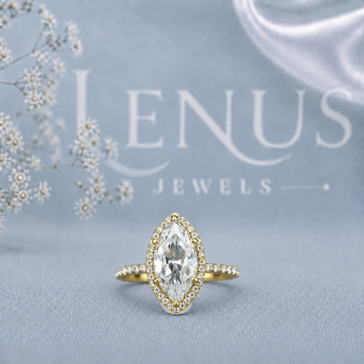 Marquise Cut Moissanite Halo Engagement Ring – Yellow Gold Finish Pavé Bridal Ring