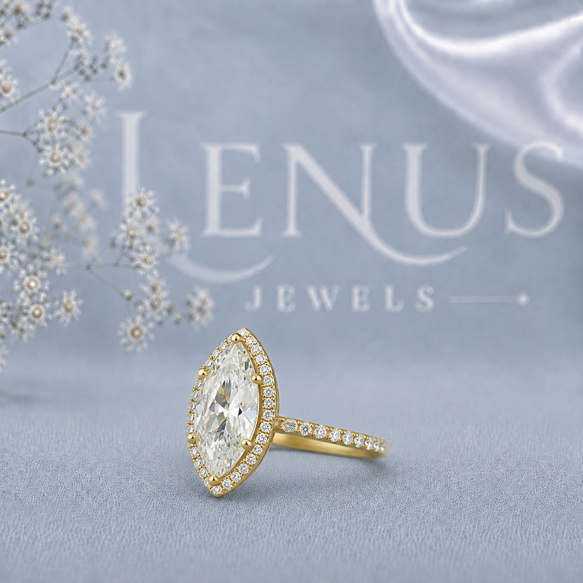 Marquise Cut Moissanite Halo Engagement Ring – Yellow Gold Finish Pavé Bridal Ring