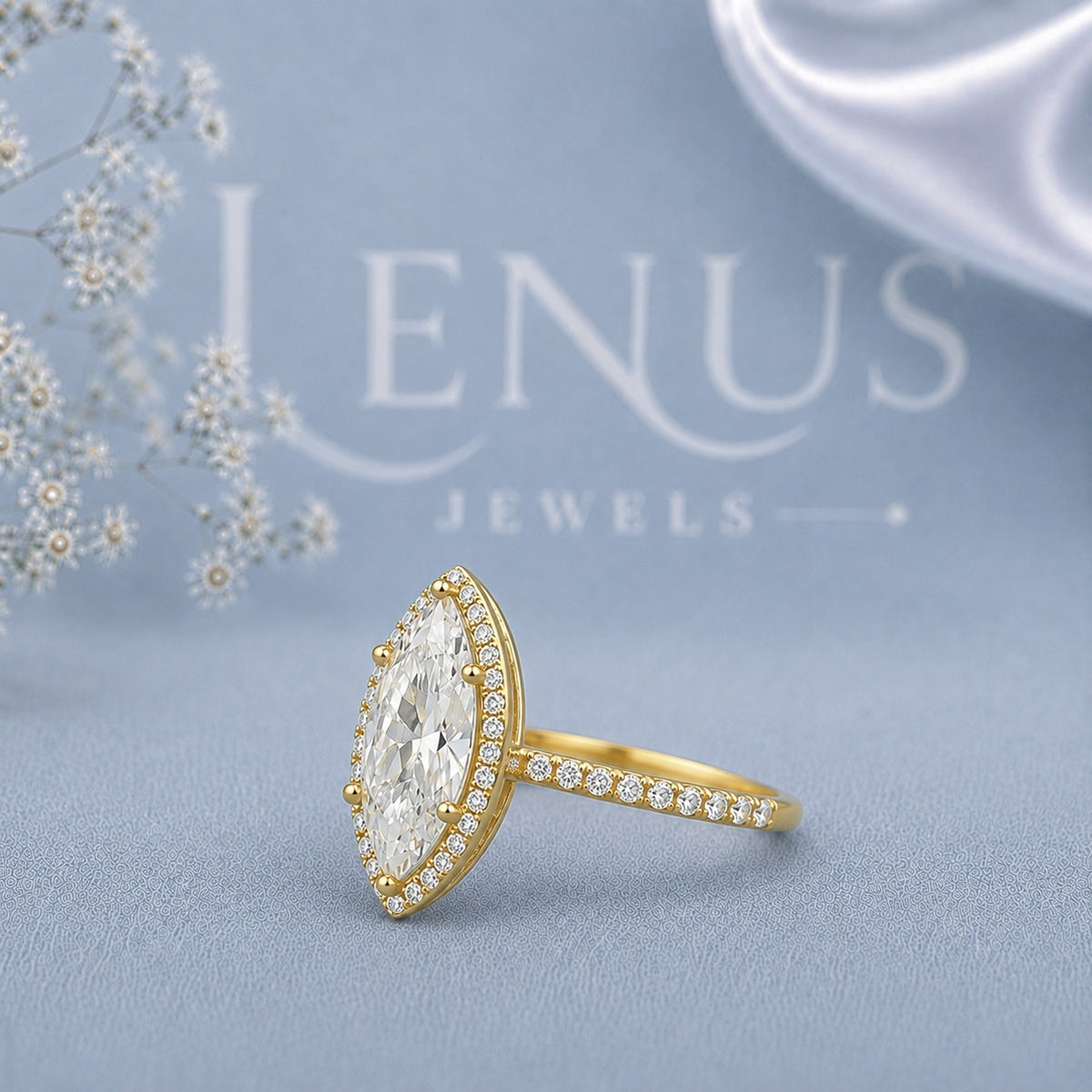 Marquise Cut Moissanite Halo Engagement Ring – Yellow Gold Finish Pavé Bridal Ring