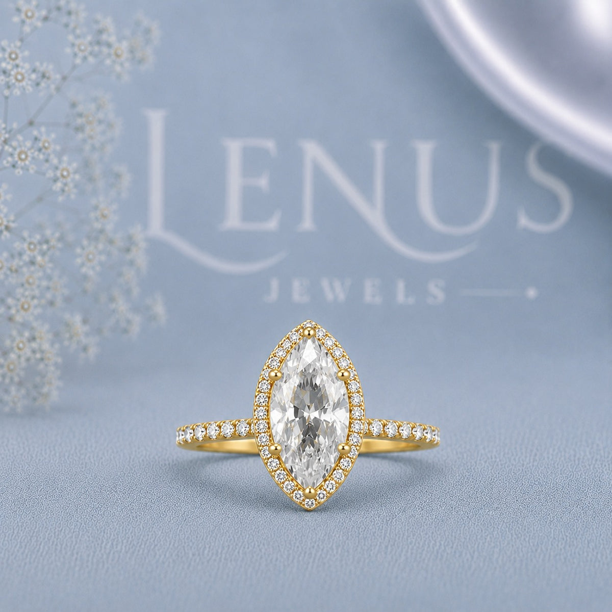Marquise Cut Moissanite Halo Engagement Ring – Yellow Gold Finish Pavé Bridal Ring