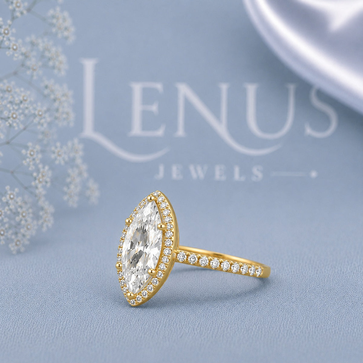 Marquise Cut Moissanite Halo Engagement Ring – Yellow Gold Finish Pavé Bridal Ring
