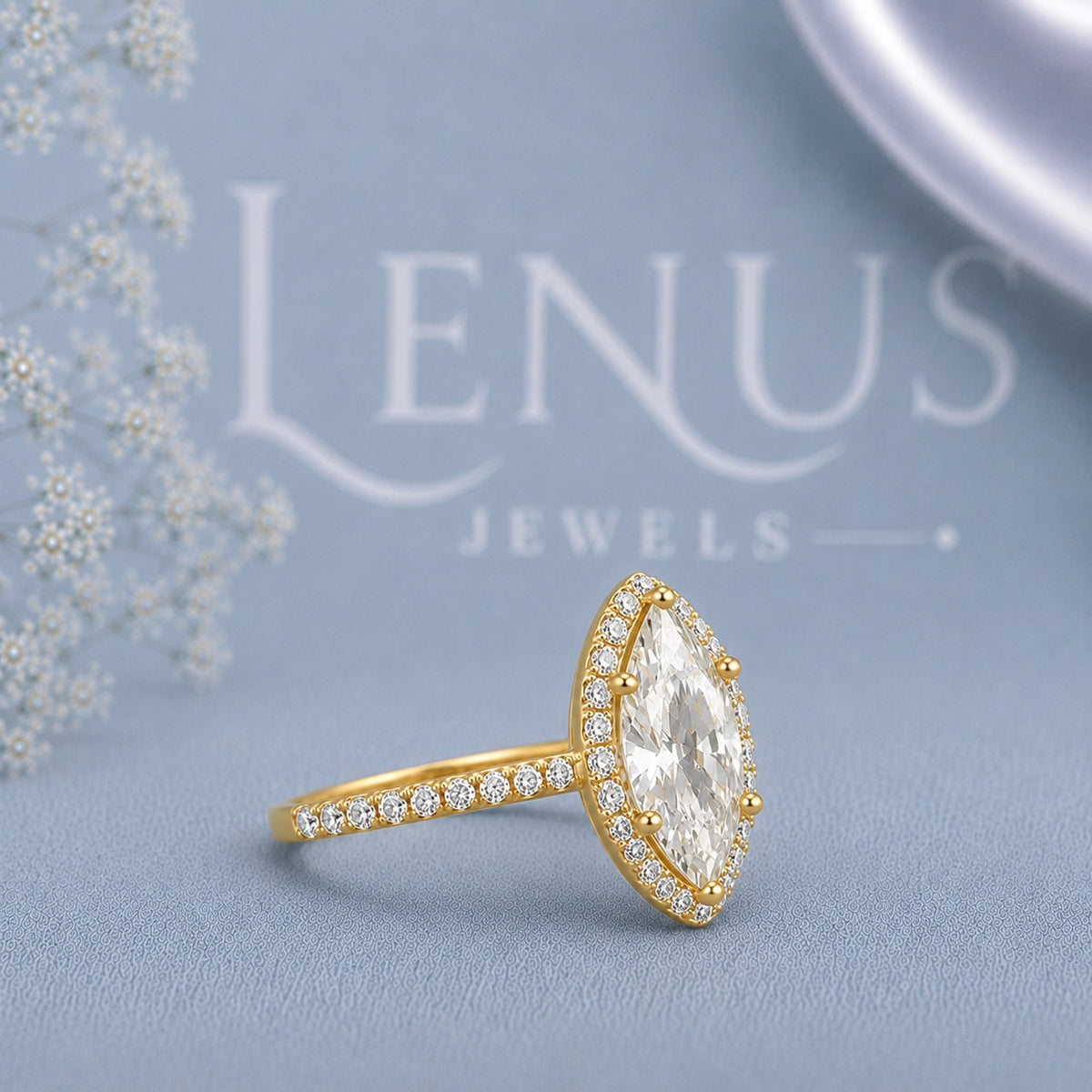 Marquise Cut Moissanite Halo Engagement Ring – Yellow Gold Finish Pavé Bridal Ring