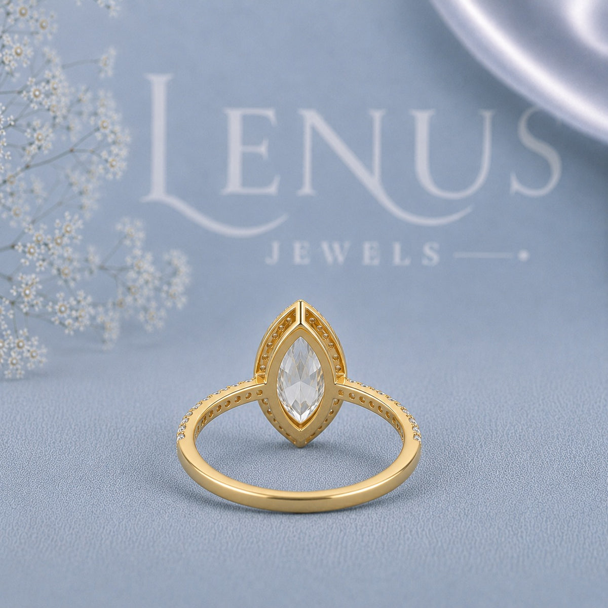 Marquise Cut Moissanite Halo Engagement Ring – Yellow Gold Finish Pavé Bridal Ring
