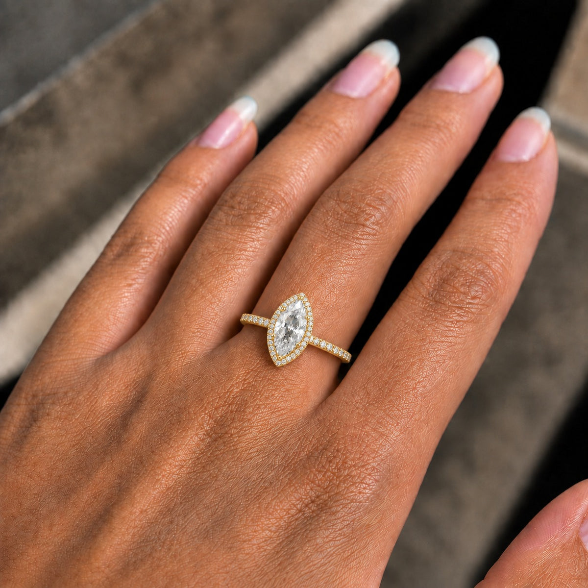 Marquise Cut Moissanite Halo Engagement Ring – Yellow Gold Finish Pavé Bridal Ring