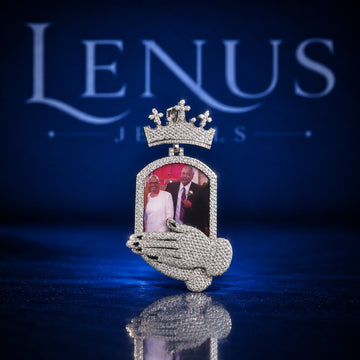 Custom Memorial Photo Pendant with Crown & Praying Hands – Iced Out VVS Moissanite 925 Sterling Silver Personalized Picture Hip Hop Jewelry