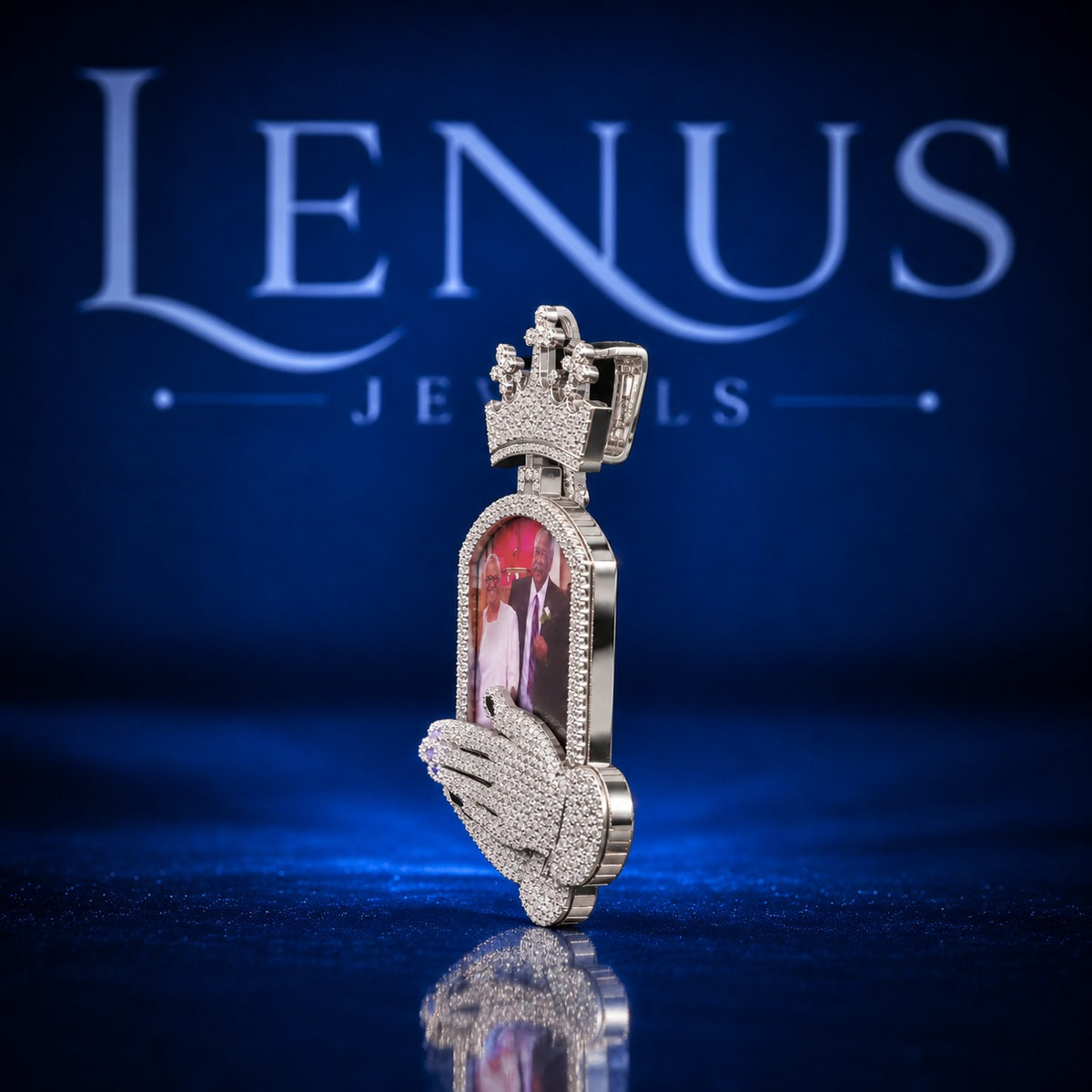 Custom Memorial Photo Pendant with Crown & Praying Hands – Iced Out VVS Moissanite 925 Sterling Silver Personalized Picture Hip Hop Jewelry