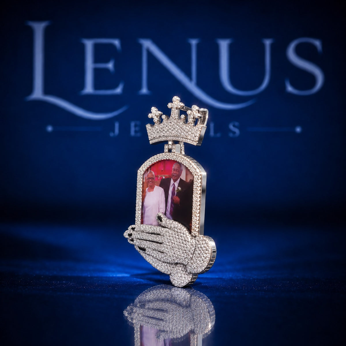 Custom Memorial Photo Pendant with Crown & Praying Hands – Iced Out VVS Moissanite 925 Sterling Silver Personalized Picture Hip Hop Jewelry