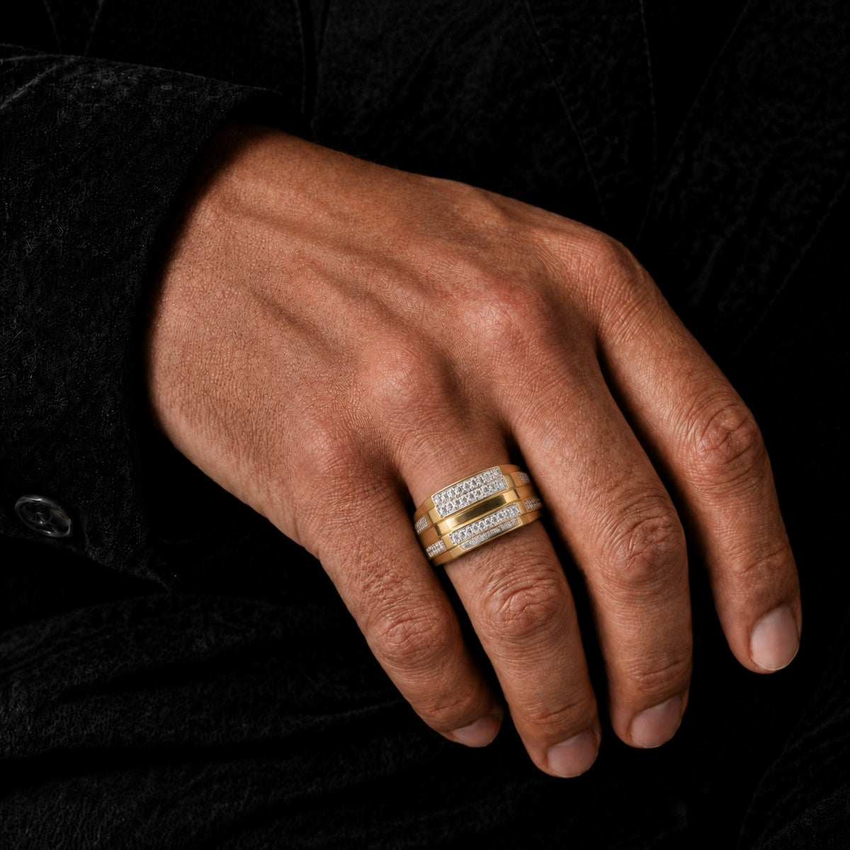 Men’s Gold Moissanite Wedding Band – Rectangular Pavé Statement Ring in 925 Sterling Silver
