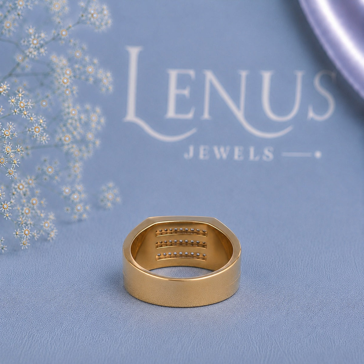 Men’s Gold Moissanite Wedding Band – Rectangular Pavé Statement Ring in 925 Sterling Silver