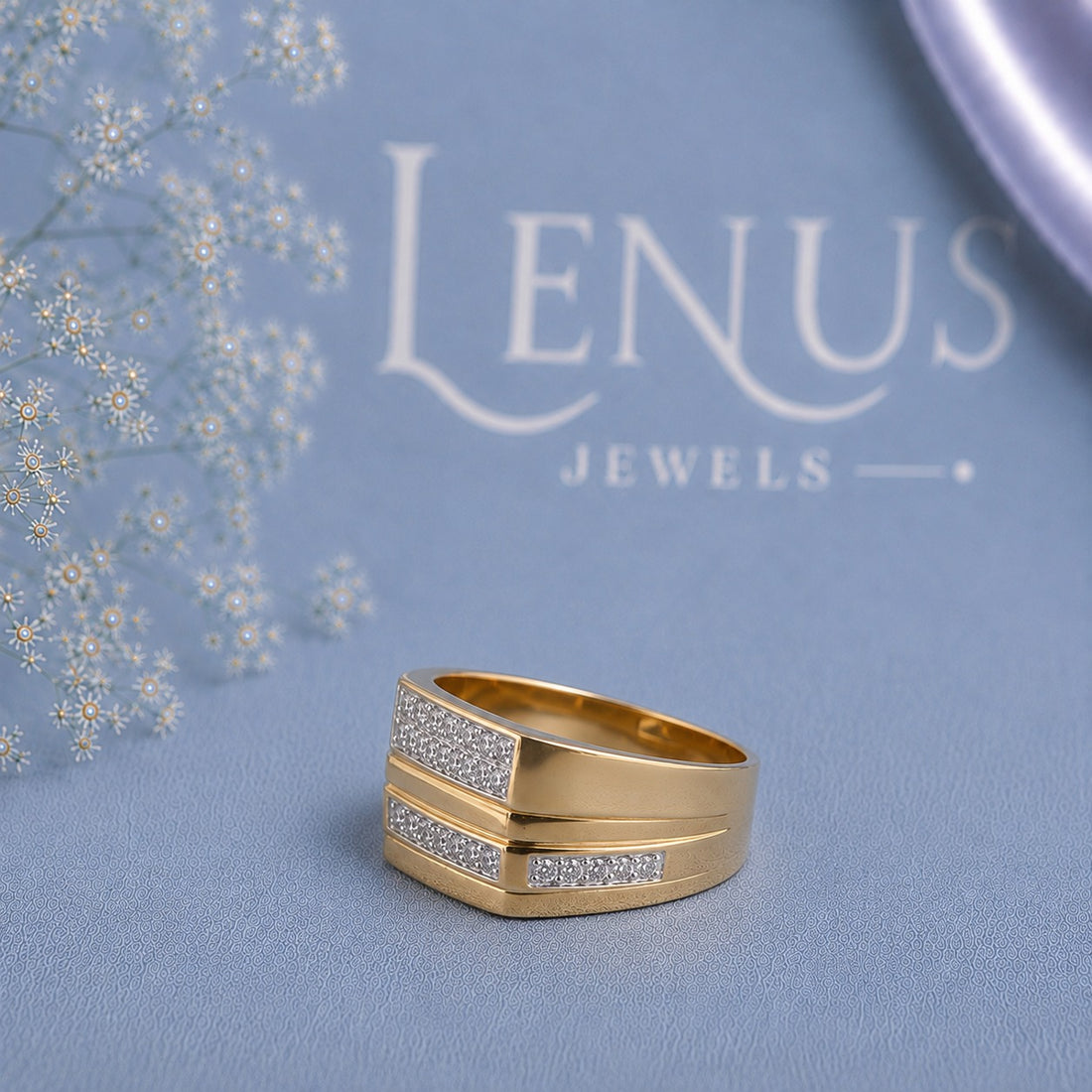 Men’s Gold Moissanite Wedding Band – Rectangular Pavé Statement Ring in 925 Sterling Silver