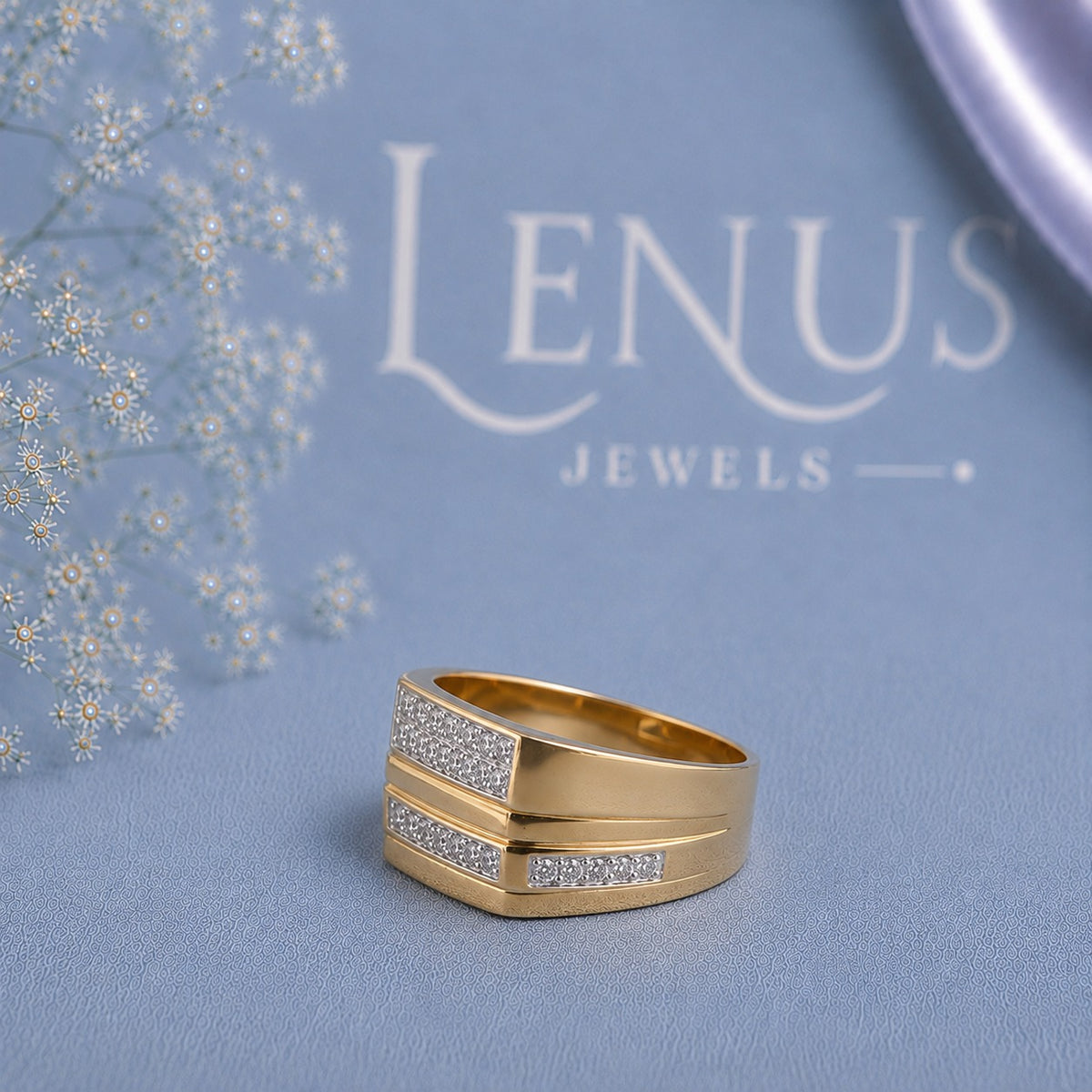 Men’s Gold Moissanite Wedding Band – Rectangular Pavé Statement Ring in 925 Sterling Silver