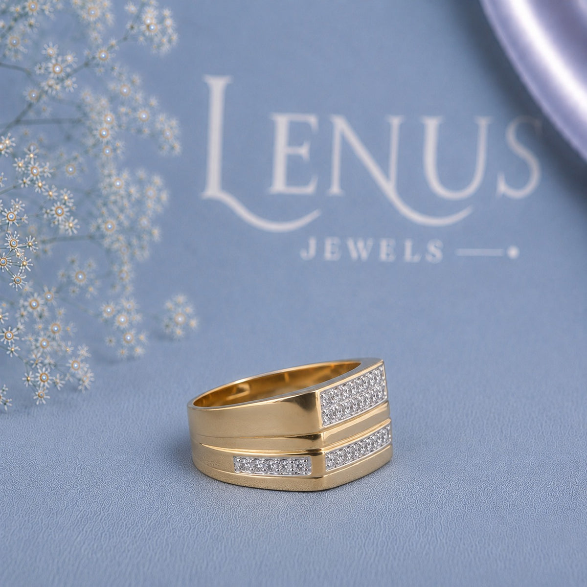 Men’s Gold Moissanite Wedding Band – Rectangular Pavé Statement Ring in 925 Sterling Silver