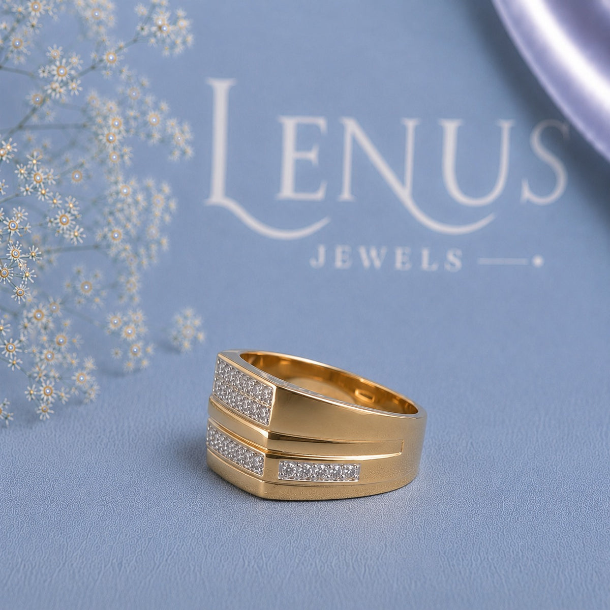 Men’s Gold Moissanite Wedding Band – Rectangular Pavé Statement Ring in 925 Sterling Silver