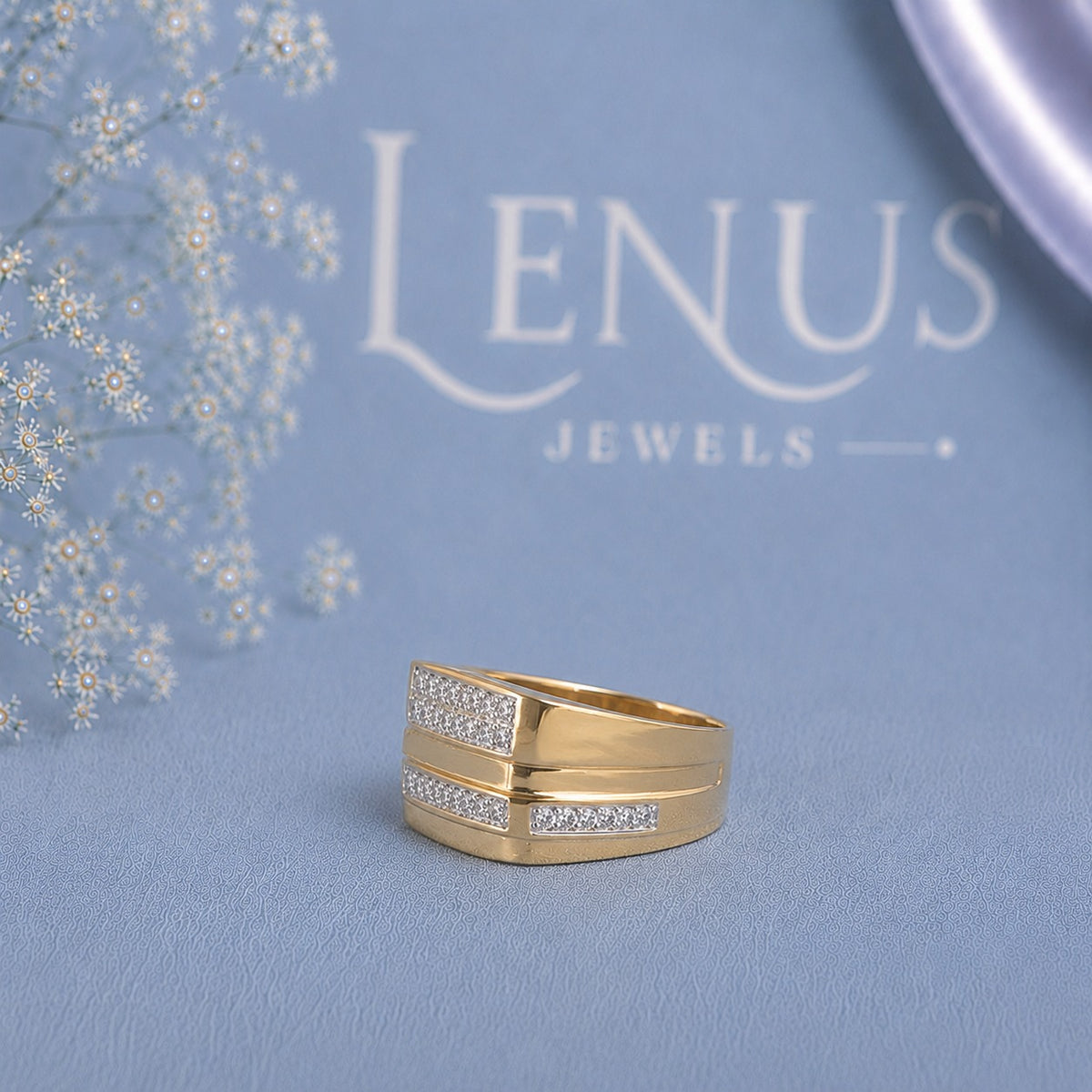 Men’s Gold Moissanite Wedding Band – Rectangular Pavé Statement Ring in 925 Sterling Silver