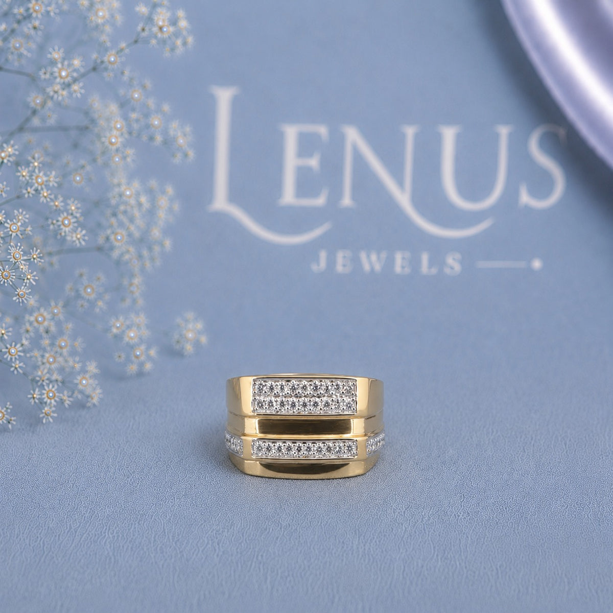 Men’s Gold Moissanite Wedding Band – Rectangular Pavé Statement Ring in 925 Sterling Silver