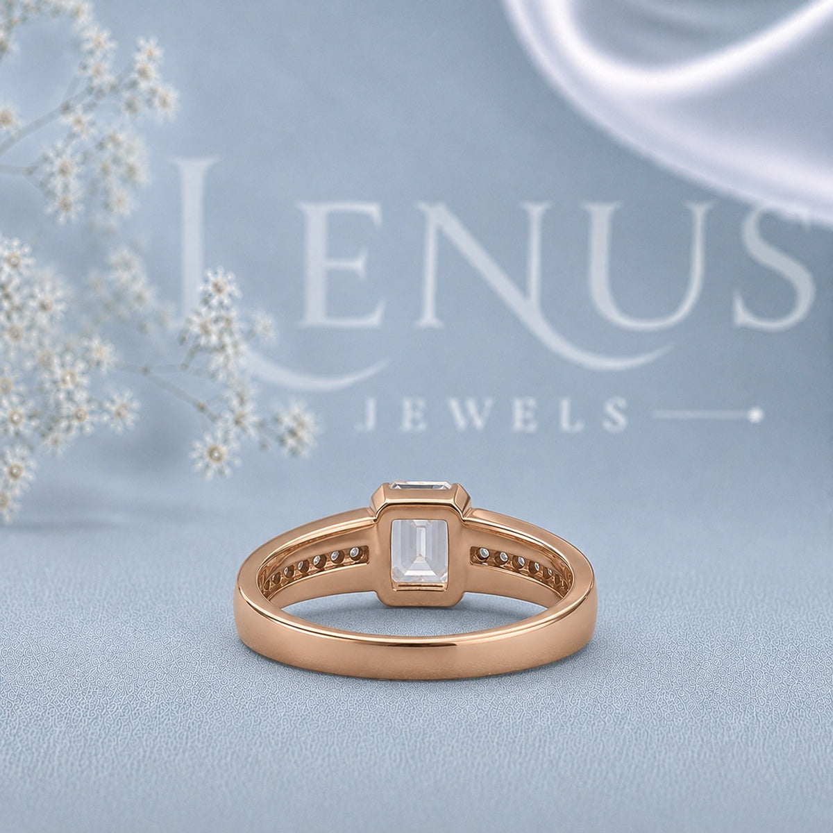 Emerald Cut Moissanite Rose Gold Ring – Channel Set Engagement & Wedding Band