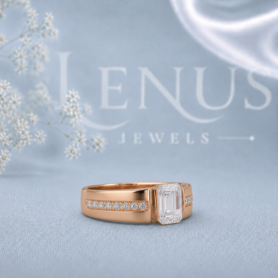Emerald Cut Moissanite Rose Gold Ring – Channel Set Engagement & Wedding Band