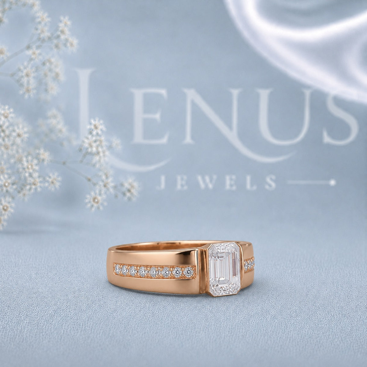 Emerald Cut Moissanite Rose Gold Ring – Channel Set Engagement & Wedding Band