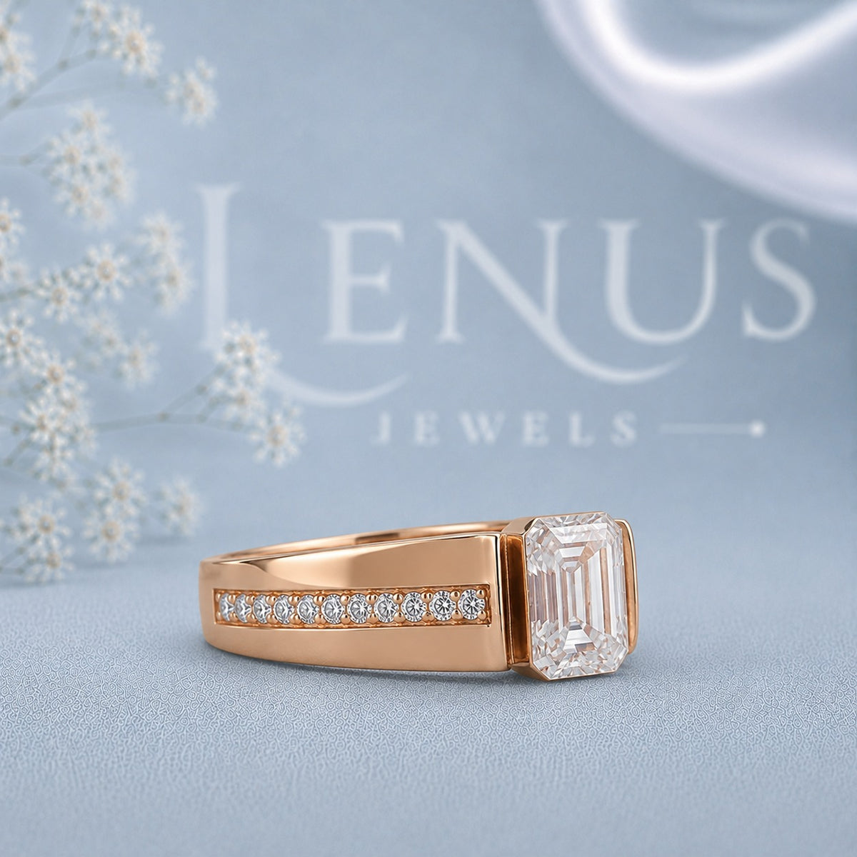 Emerald Cut Moissanite Rose Gold Ring – Channel Set Engagement & Wedding Band