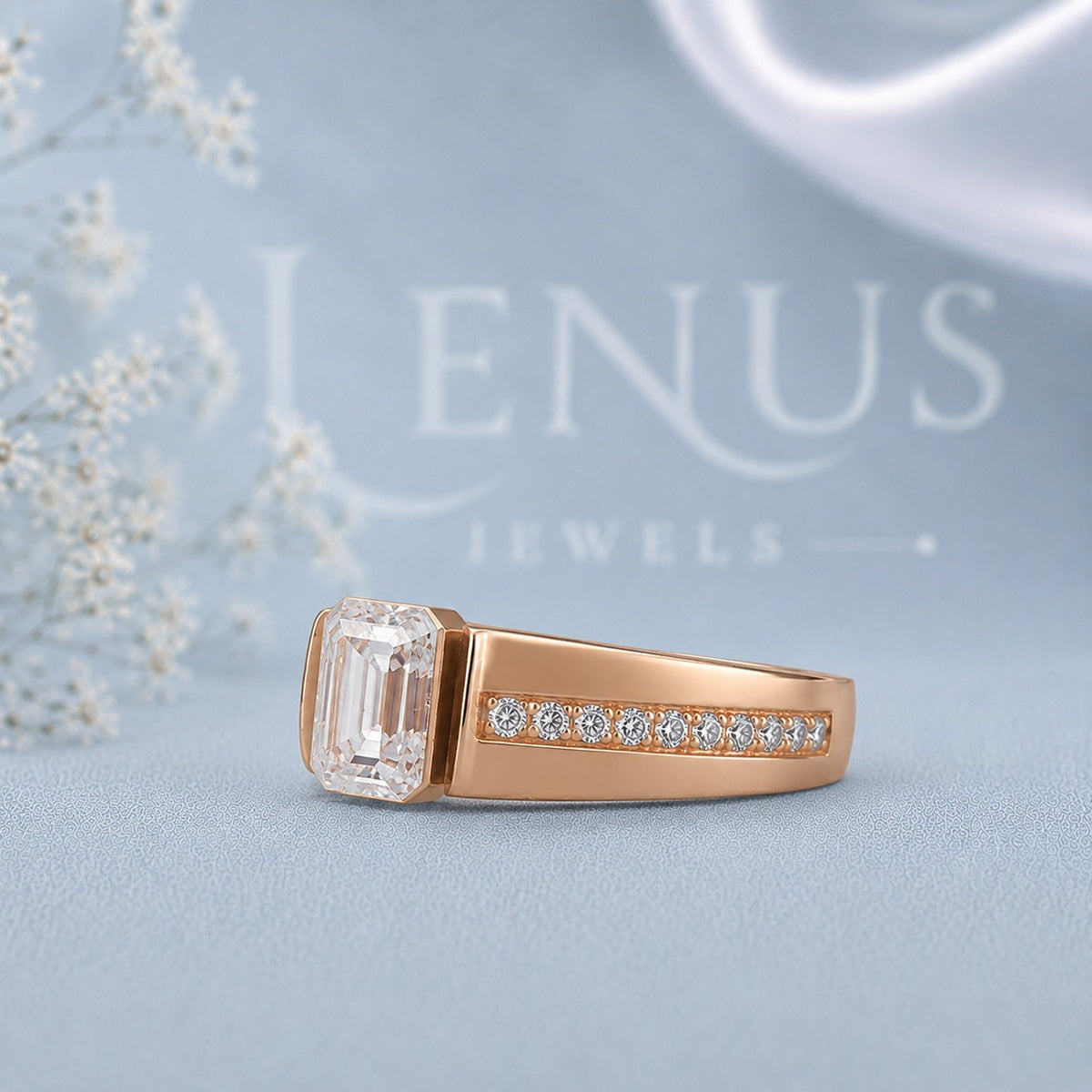 Emerald Cut Moissanite Rose Gold Ring – Channel Set Engagement & Wedding Band