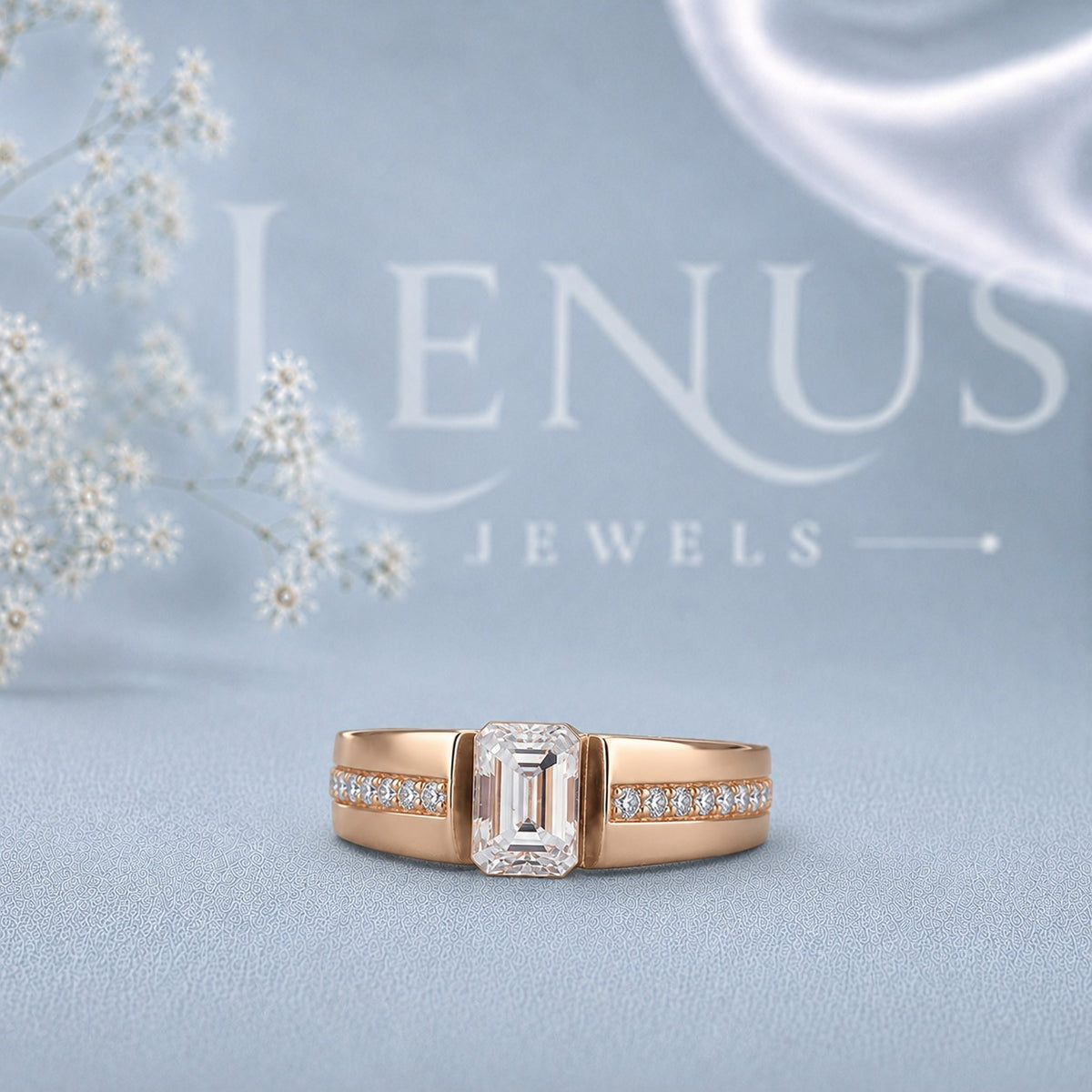 Emerald Cut Moissanite Rose Gold Ring – Channel Set Engagement & Wedding Band