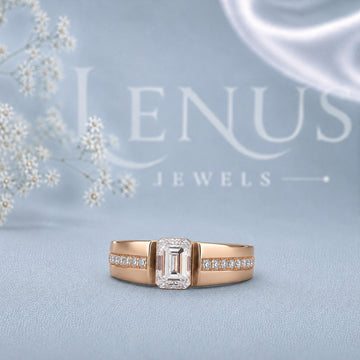 Emerald Cut Moissanite Rose Gold Ring – Channel Set Engagement & Wedding Band