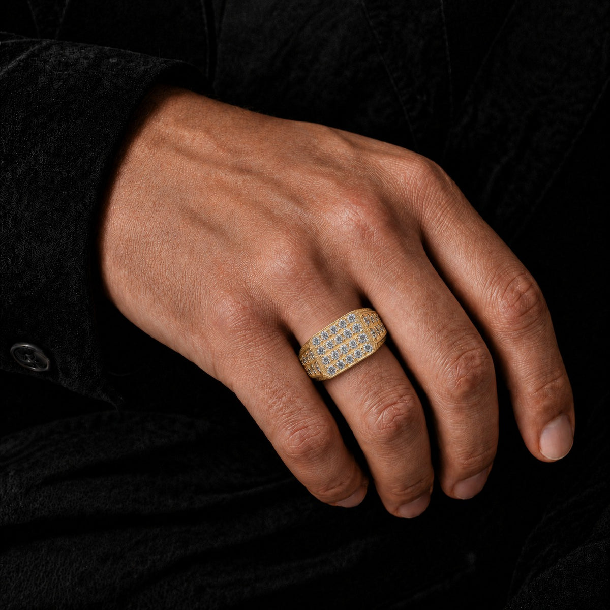 Men’s Gold Moissanite Signet Ring – Iced-Out Rectangular Cluster Ring in 925 Sterling Silver