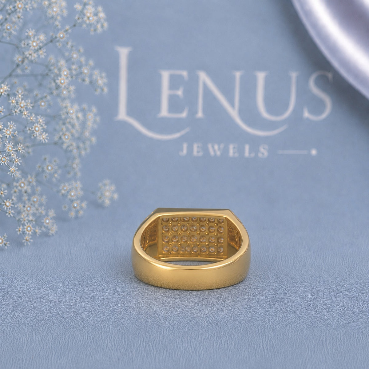 Men’s Gold Moissanite Signet Ring – Iced-Out Rectangular Cluster Ring in 925 Sterling Silver