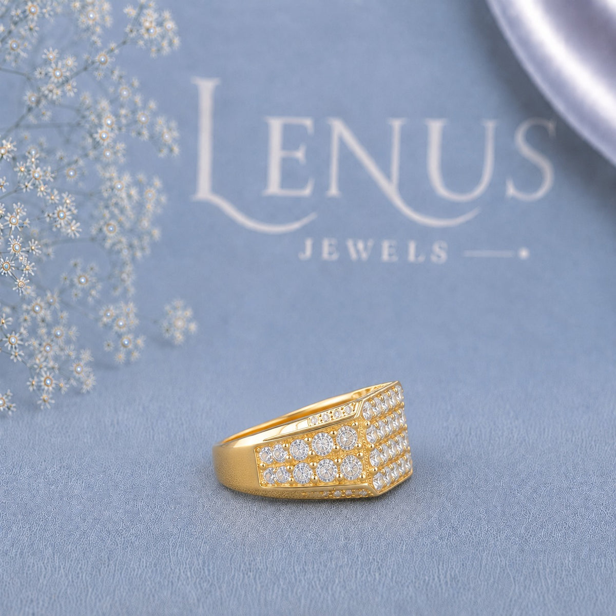 Men’s Gold Moissanite Signet Ring – Iced-Out Rectangular Cluster Ring in 925 Sterling Silver