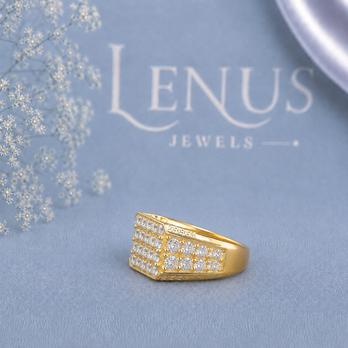 Men’s Gold Moissanite Signet Ring – Iced-Out Rectangular Cluster Ring in 925 Sterling Silver