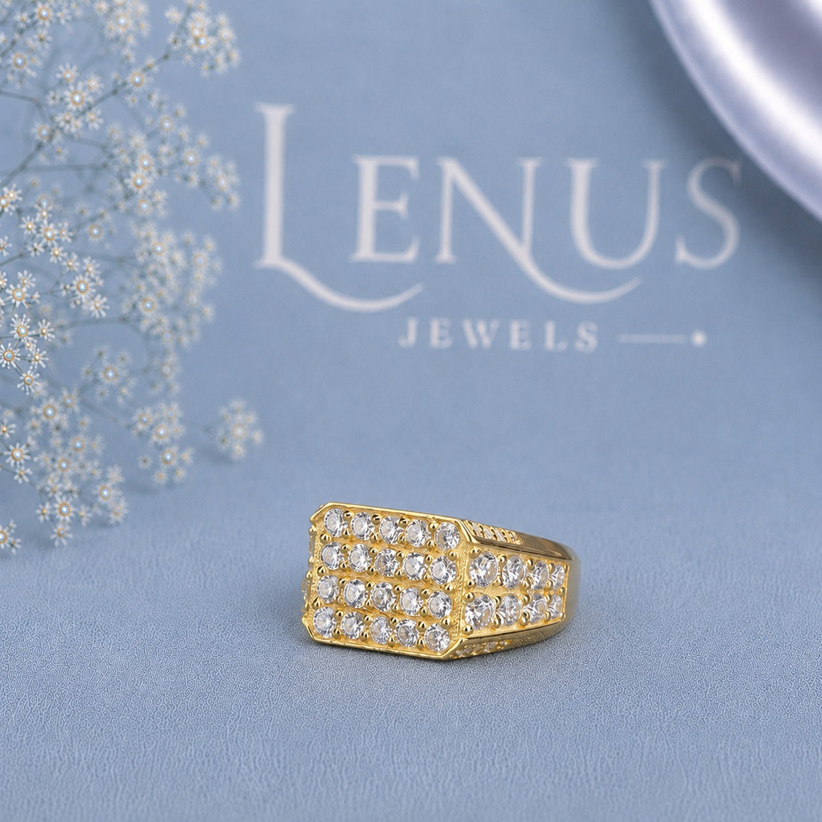 Men’s Gold Moissanite Signet Ring – Iced-Out Rectangular Cluster Ring in 925 Sterling Silver