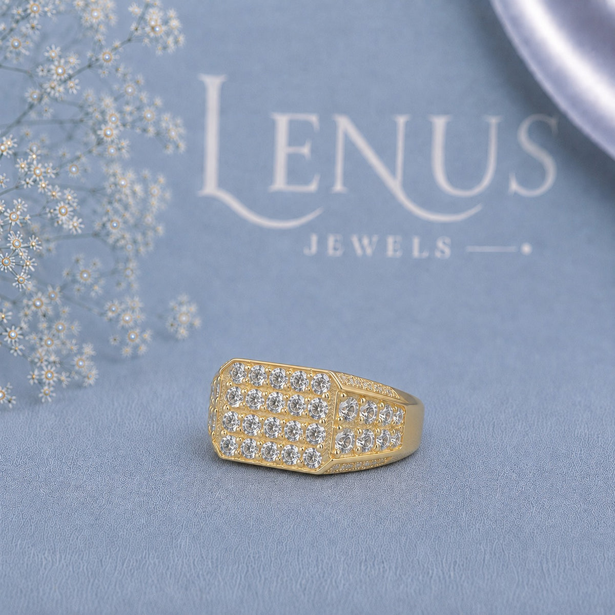 Men’s Gold Moissanite Signet Ring – Iced-Out Rectangular Cluster Ring in 925 Sterling Silver