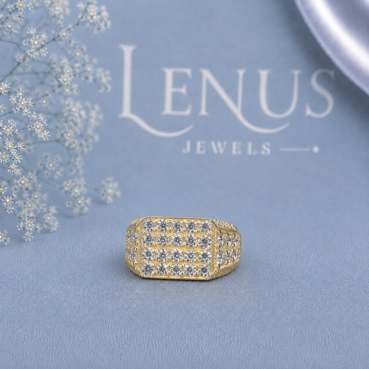 Men’s Gold Moissanite Signet Ring – Iced-Out Rectangular Cluster Ring in 925 Sterling Silver