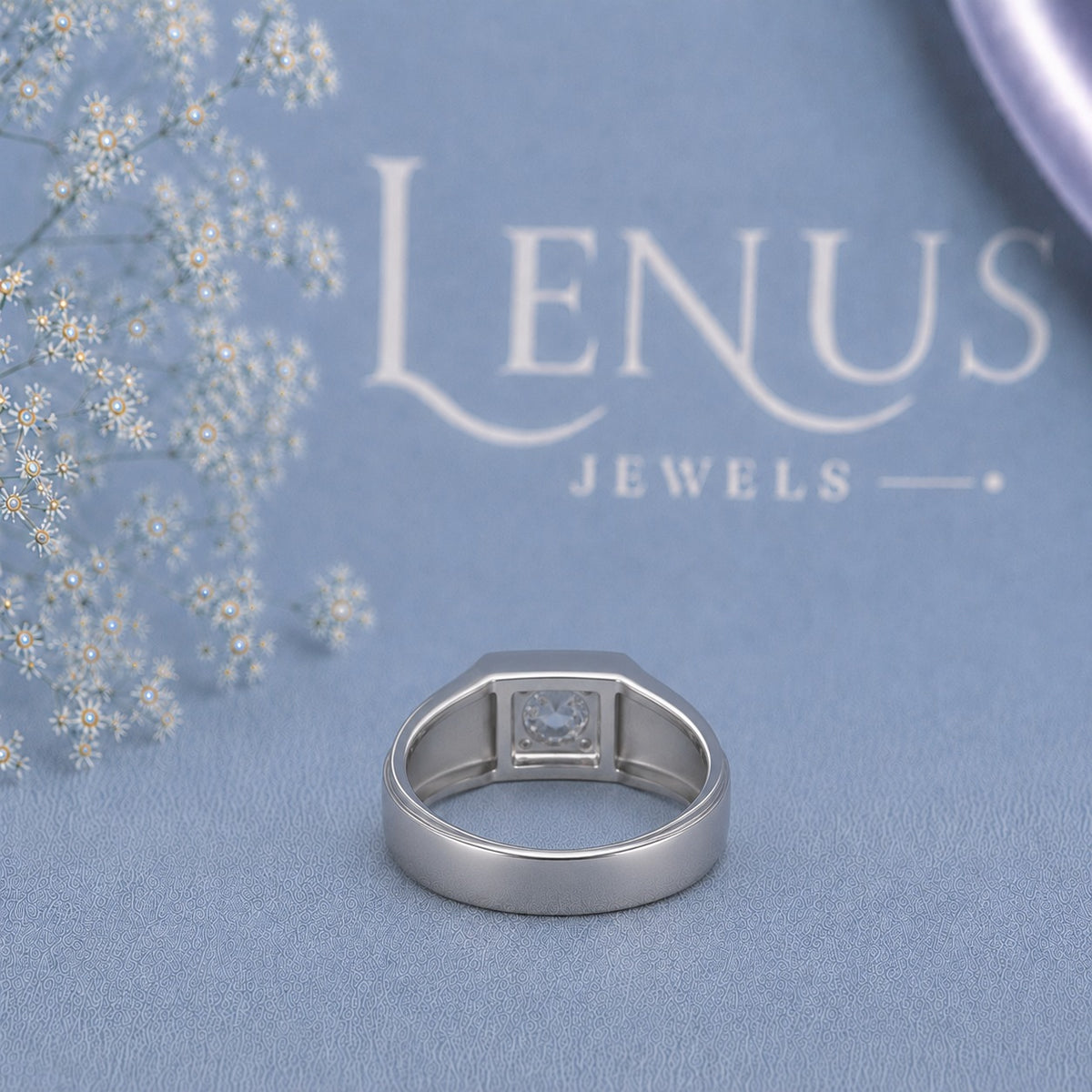 Men’s Round Moissanite Signet Ring – Square Bezel White Gold Style Ring in 925 Sterling Silver