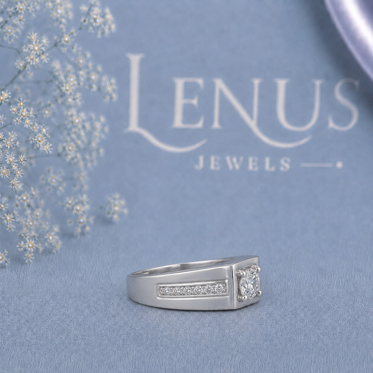 Men’s Round Moissanite Signet Ring – Square Bezel White Gold Style Ring in 925 Sterling Silver