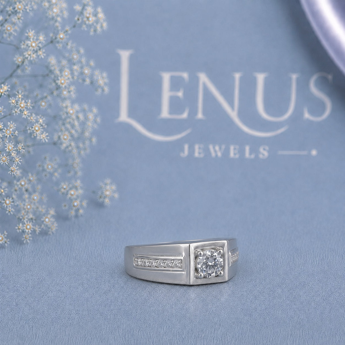 Men’s Round Moissanite Signet Ring – Square Bezel White Gold Style Ring in 925 Sterling Silver