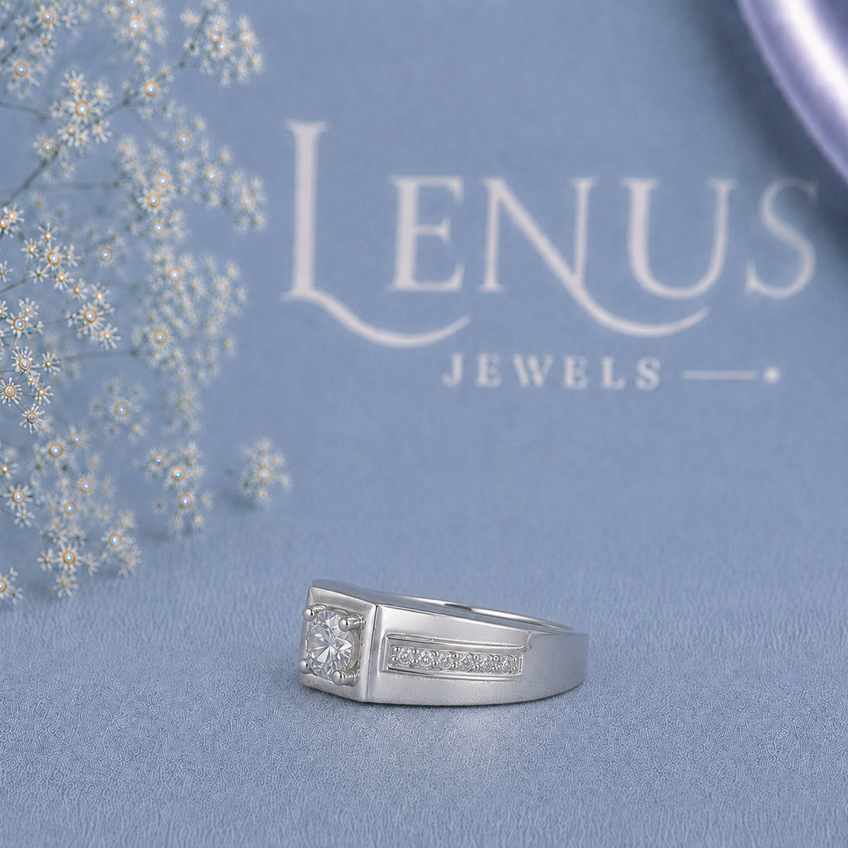 Men’s Round Moissanite Signet Ring – Square Bezel White Gold Style Ring in 925 Sterling Silver