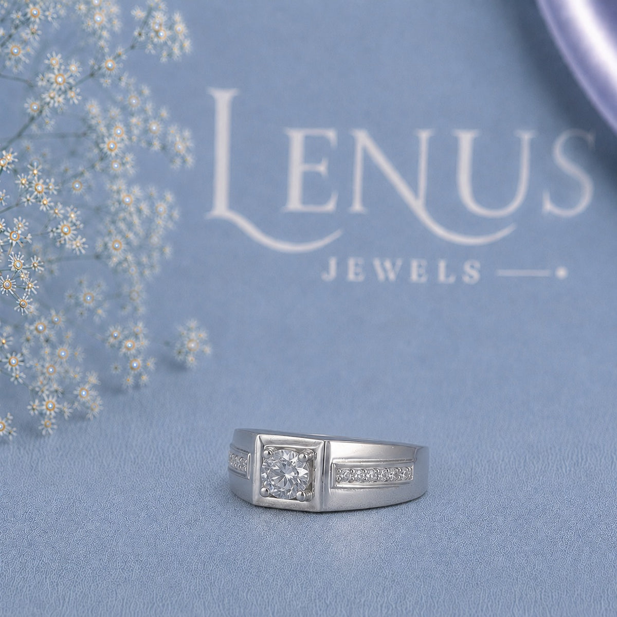 Men’s Round Moissanite Signet Ring – Square Bezel White Gold Style Ring in 925 Sterling Silver
