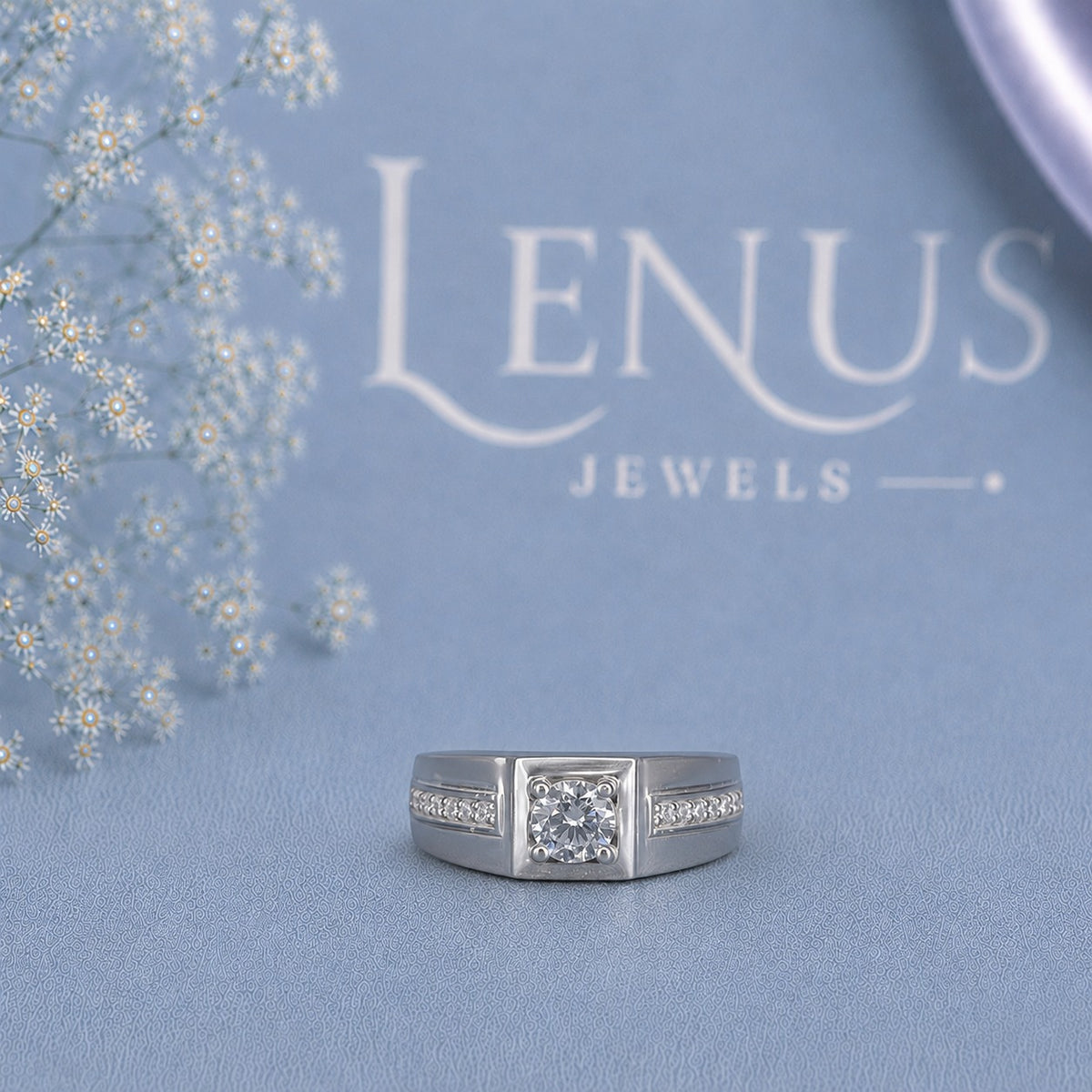 Men’s Round Moissanite Signet Ring – Square Bezel White Gold Style Ring in 925 Sterling Silver