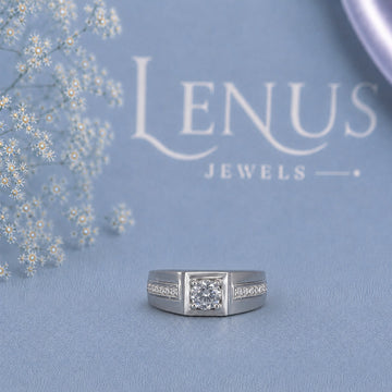 Men’s Round Moissanite Signet Ring – Square Bezel White Gold Style Ring in 925 Sterling Silver