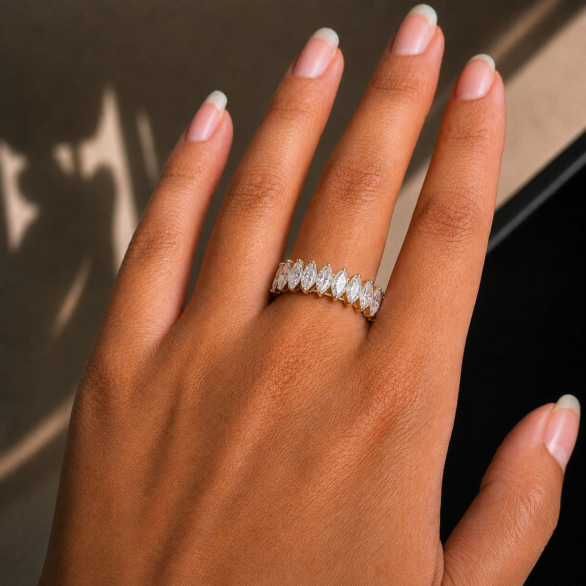 Marquise Cut Moissanite Eternity Ring – 925 Sterling Silver Yellow Gold Iced Out Wedding Band