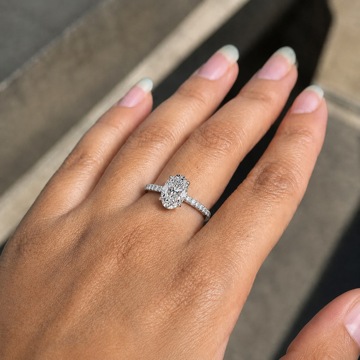 Oval Cut Moissanite Engagement Ring – Pavé Band 925 Sterling Silver