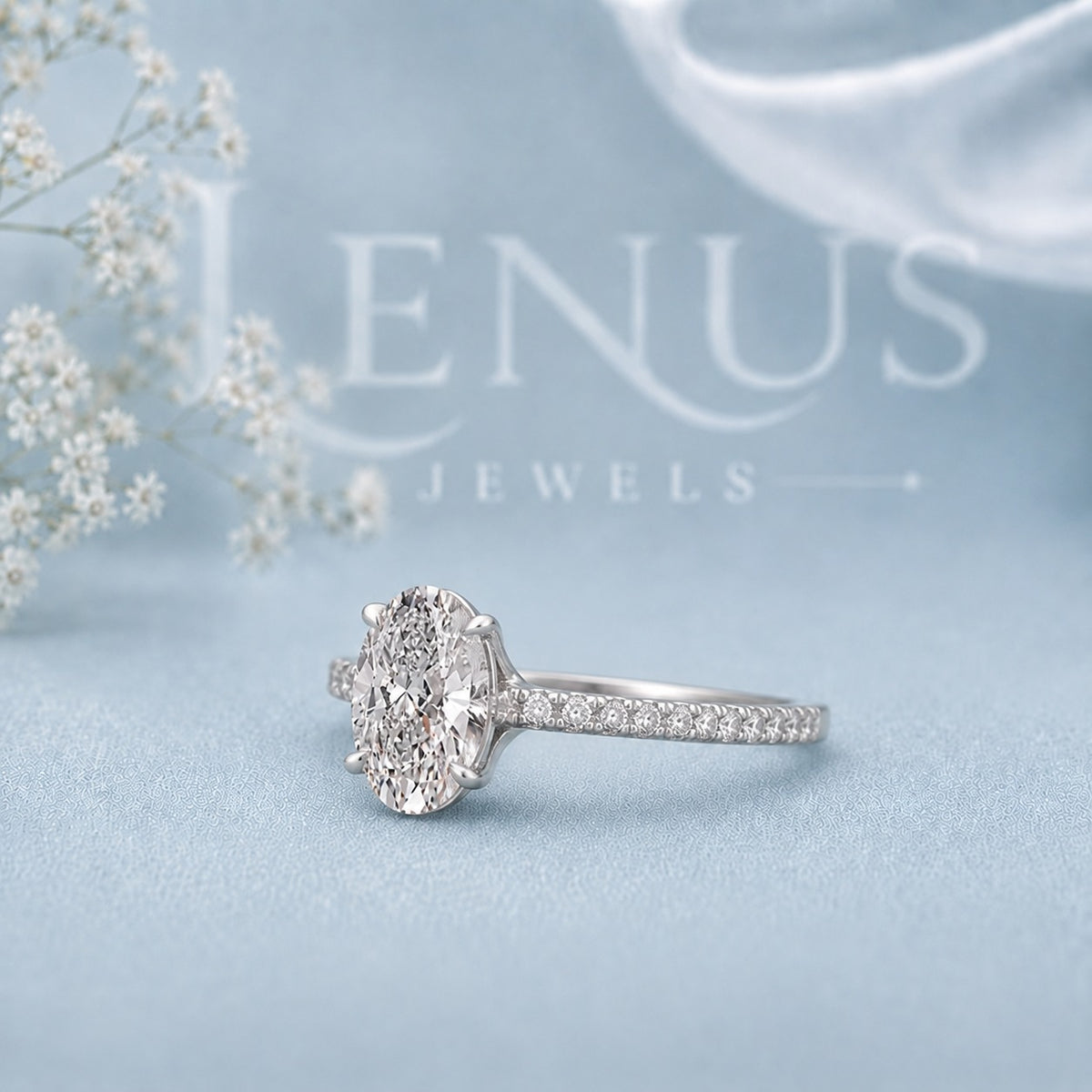 Oval Cut Moissanite Engagement Ring – Pavé Band 925 Sterling Silver