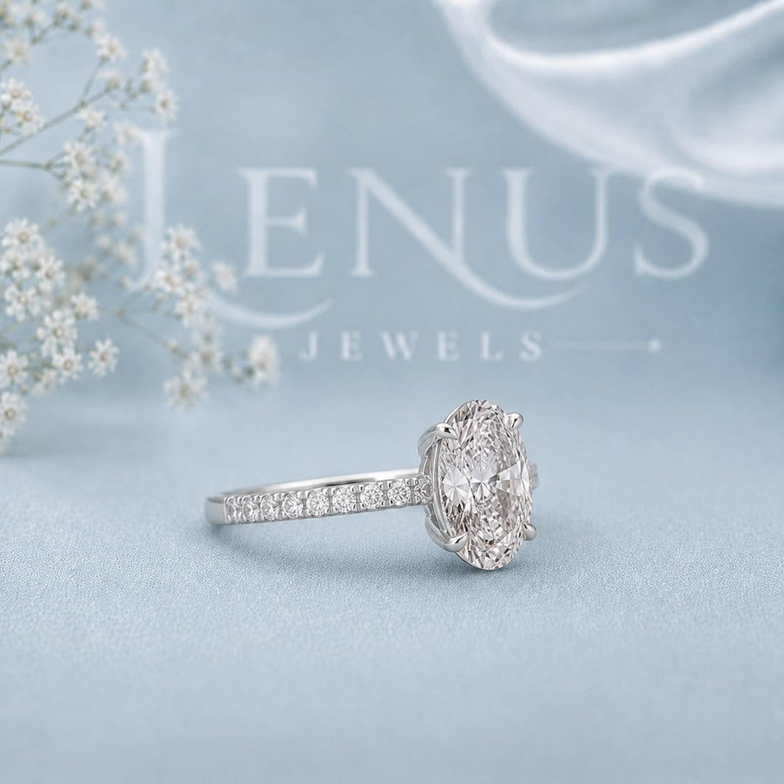 Oval Cut Moissanite Engagement Ring – Pavé Band 925 Sterling Silver