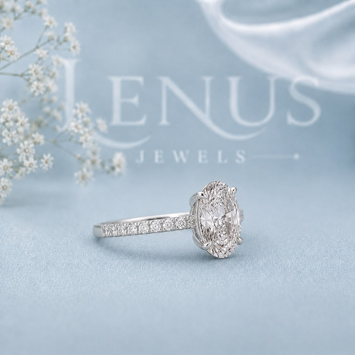 Oval Cut Moissanite Engagement Ring – Pavé Band 925 Sterling Silver