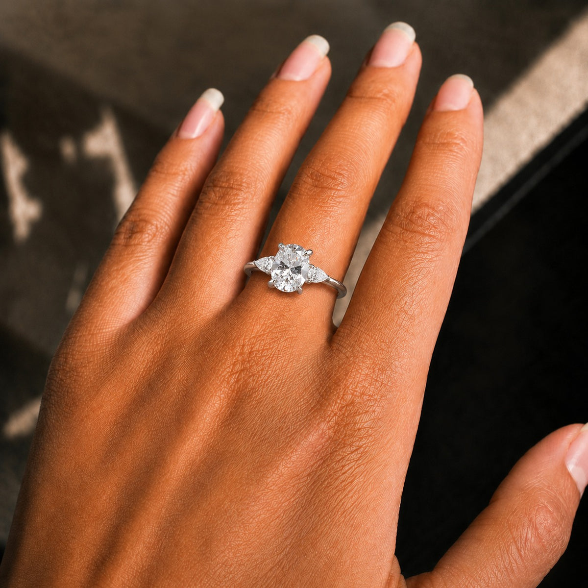 Oval Moissanite Three-Stone Engagement Ring – Pear Side-Stone Ring in 925 Sterling Silver
