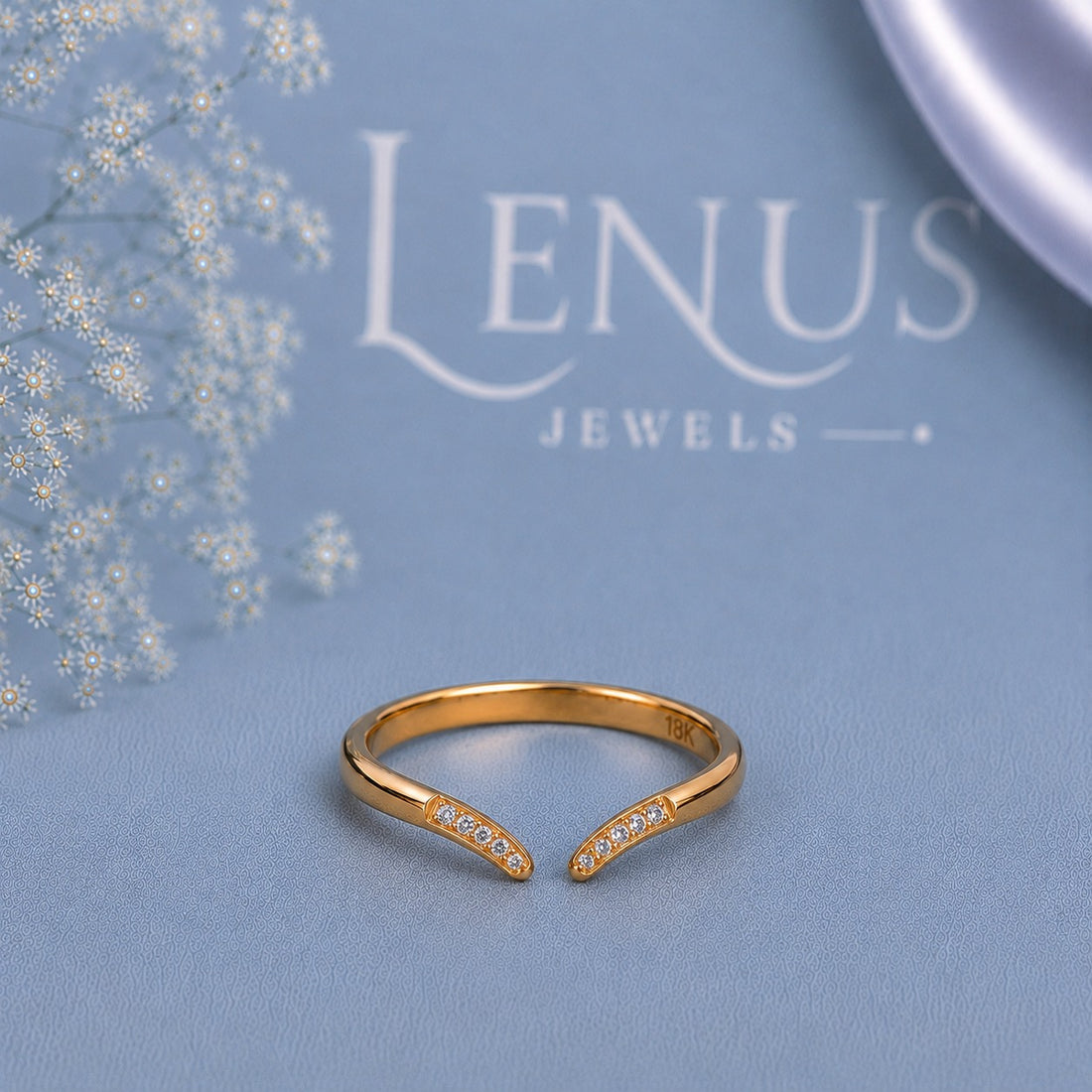 Yellow Gold Moissanite Open Cuff Ring – Minimalist Pavé Bypass Ring for Women