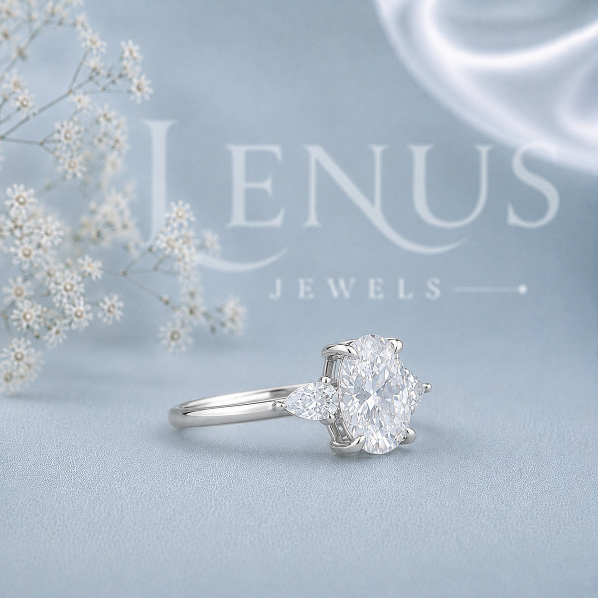 Oval Moissanite Three-Stone Engagement Ring – Pear Side-Stone Ring in 925 Sterling Silver